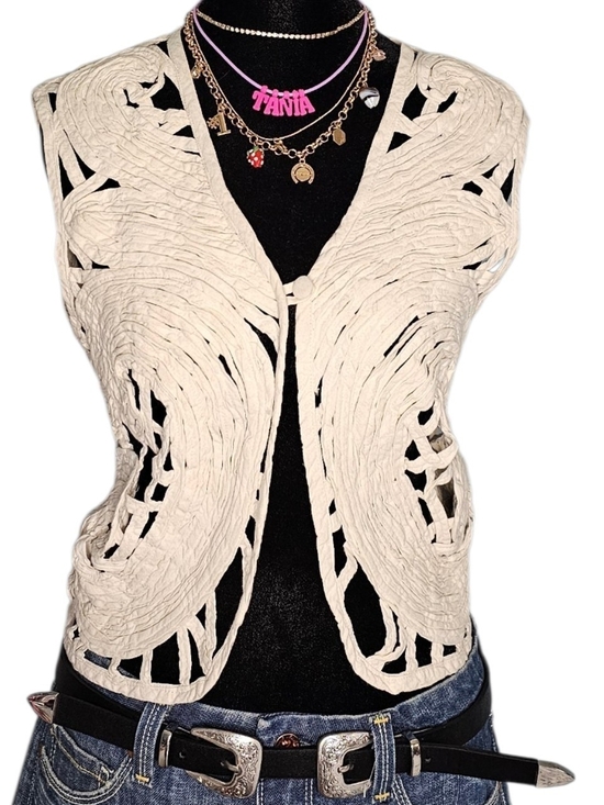 Winnie and Joe Sweaters - Vintage Winnie & Joe Cream Cotton Textured Ribbon Lace Up Vest S